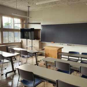 Bright, tidy classroom in Asahikawa, Hokkaido with natural light and modern furnishings.